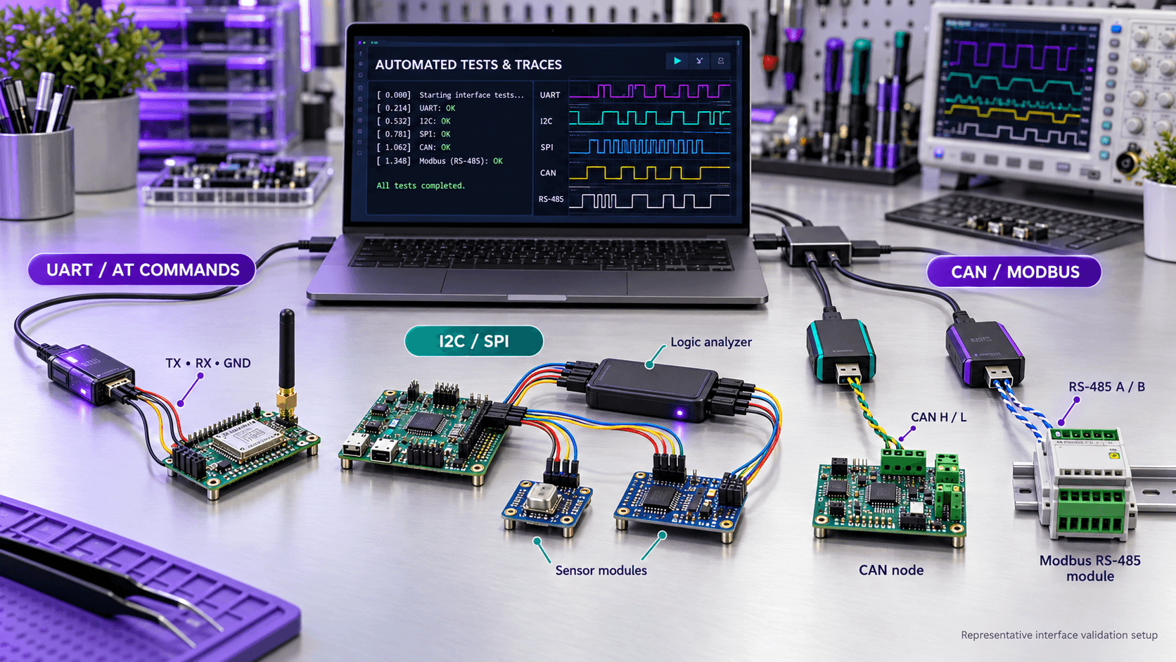 UART I2C SPI CAN and Modbus automated protocol test setups