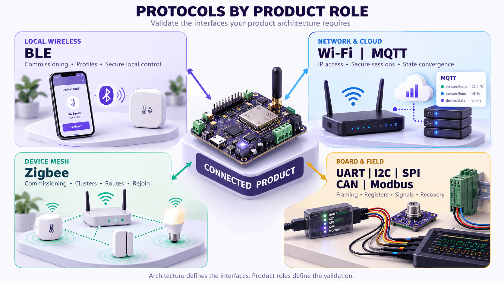 Protocols by product role across a connected product architecture