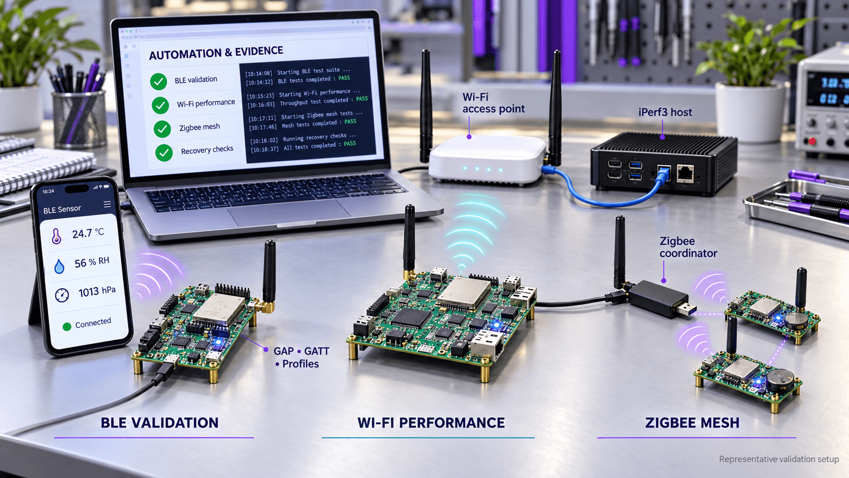 Wireless validation bench for BLE Wi-Fi and Zigbee